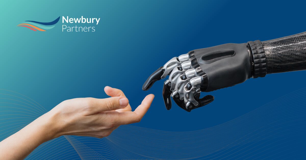 Human hand reaching toward robotic hand representing balance of automation and human connection in staffing.